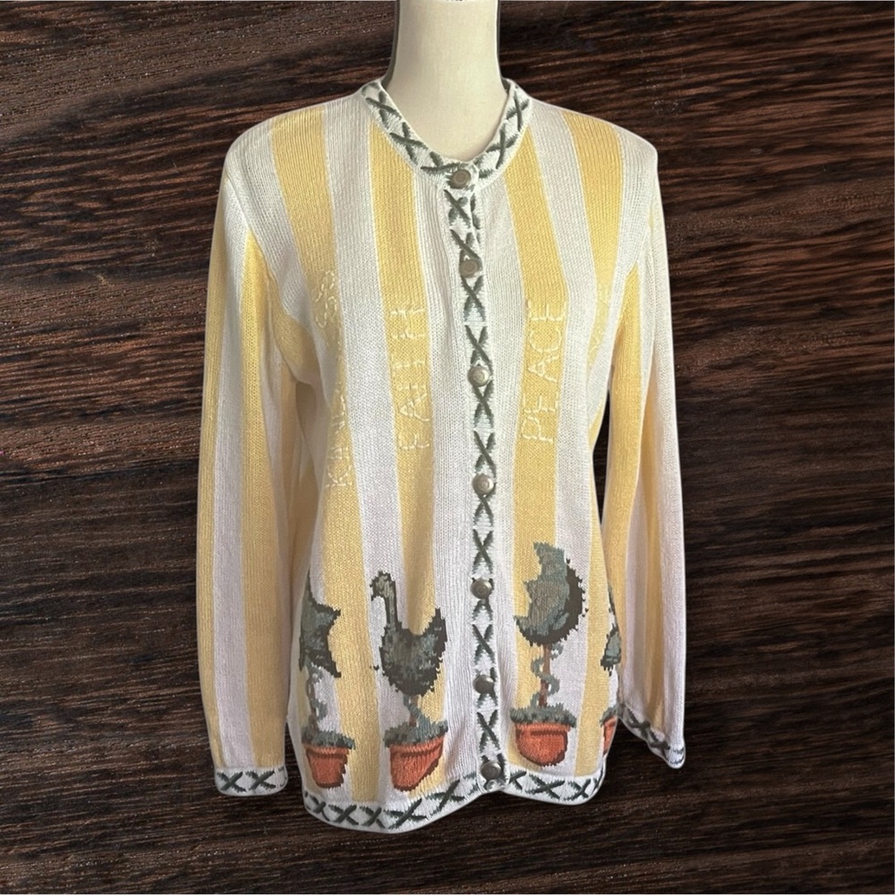 Quacker Factory Butter Yellow Embroidered Character Topiaries Cardigan. SZ S.